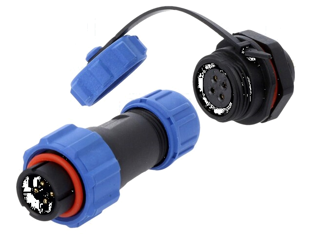 Connector: rond; mannelijk + vrouwelijk; PIN: 4; 5A; IP67; 500V Connector: rond; mannelijk + vrouwelijk; PIN: 4; 5A; IP67; 500V
